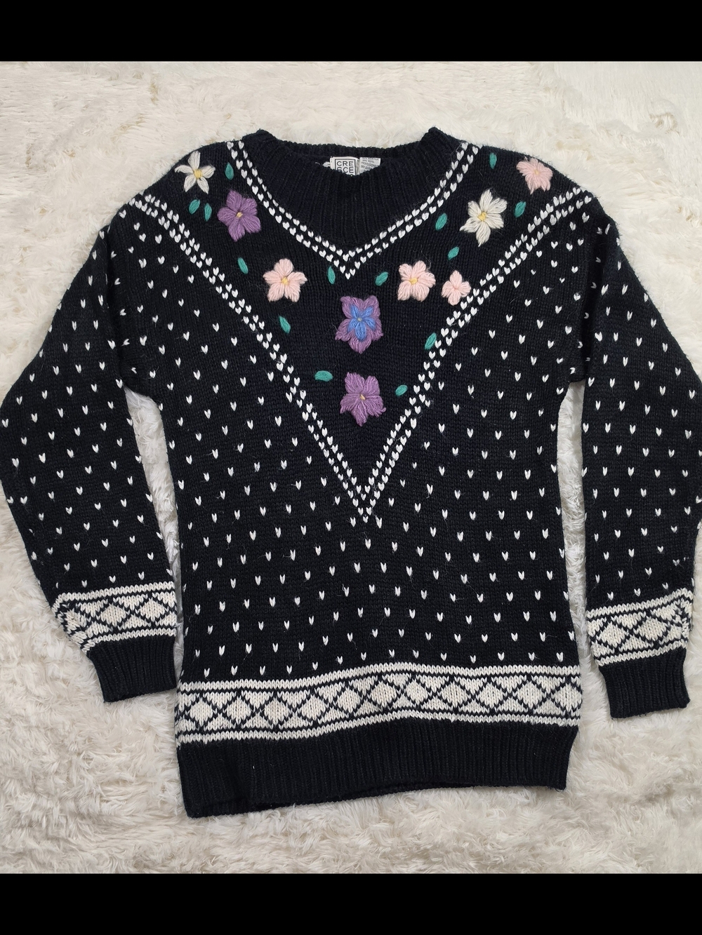 Black Floral Heart Embroidered Sweater Vintage 80s 90s Cottagecore Womens Small